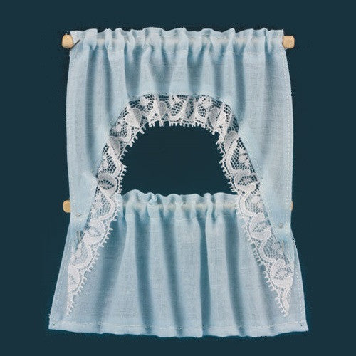 Melody Jane Dolls House Blue with White Polka Dot Kitchen Curtains & Valance on Rail Miniature