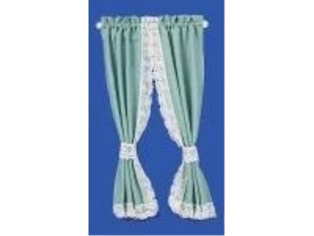 Melody Jane Dollhouse Green Curtains Drapes on Rail Miniature 1:12 Scale Window