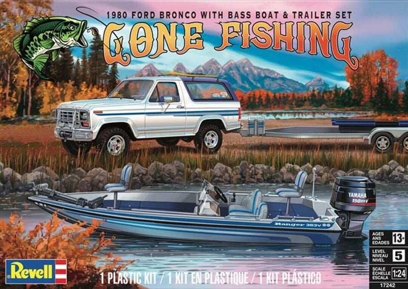 Level 5 Model Kit 1980 Ford Bronco with Bass Boat and Flatbed Trailer Set 1/24 Scale Model by Revell