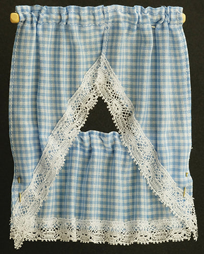Melody Jane Dolls House Gingham Kitchen Curtains & Valance on Rail