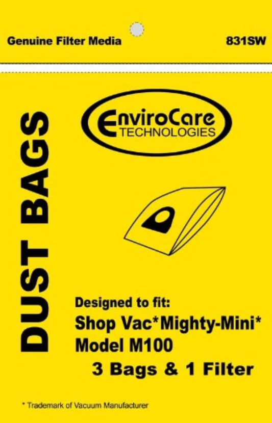 EnviroCare Shop Vac Mighty Mini Model M1 3 Pack Dust Bags & Filter No. 831SW