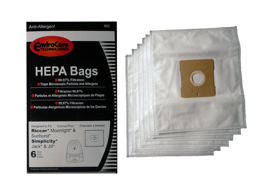 EnviroCare No. 852 6 Pack HEPA Vacuum Bags fit Riccar Moonlight & Sunburst also fit Simplicity Jack & Jill