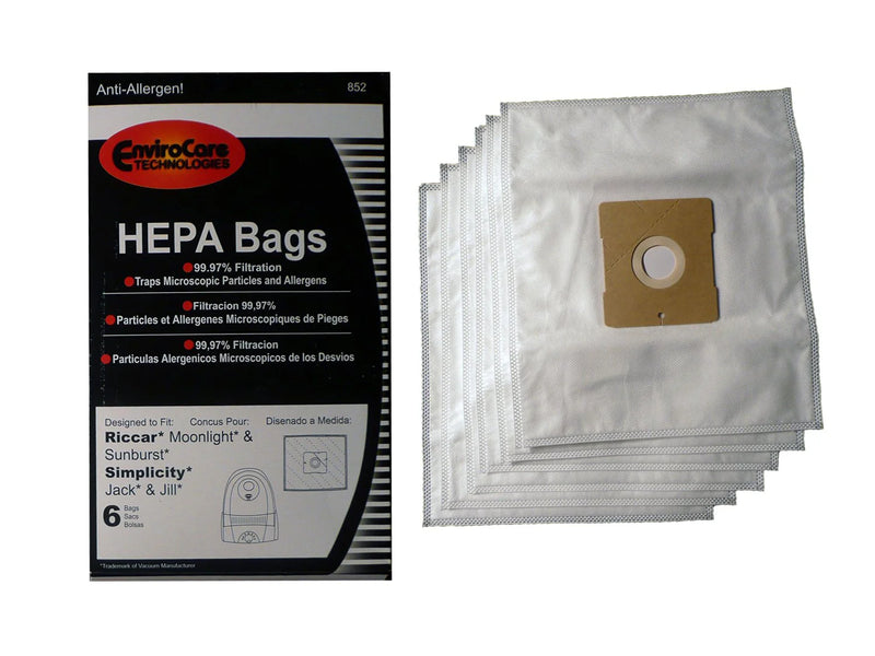 EnviroCare No. 852 6 Pack HEPA Vacuum Bags fit Riccar Moonlight & Sunburst also fit Simplicity Jack & Jill