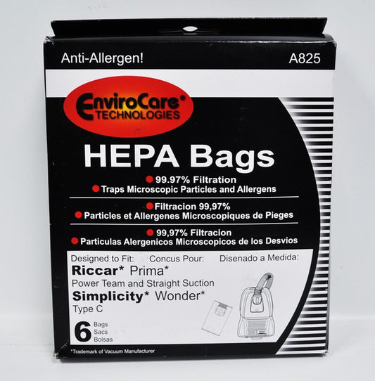EnviroCare No.A825 Type C 6 Pack Vacuum Bags for Riccar Prima & Simplicity Wonder