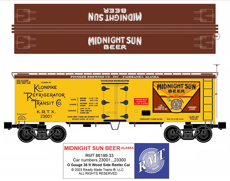 Ready Made Trains O Scale Alaska Midnight Sun Beer 36 ft Wood Side Reefer Car No. RMT-86199-33