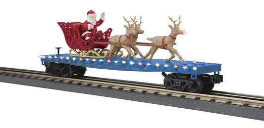 MTH Railking Flat Car(Blue) with LED Lights carrying Santa Sleigh with Reindeer O Scale