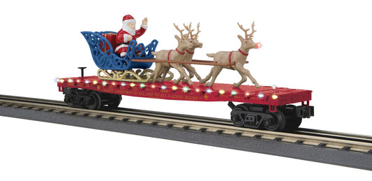 MTH Railking Flat Car(Red) carrying Santa Sleigh and Reindeer O Scale 30-76946