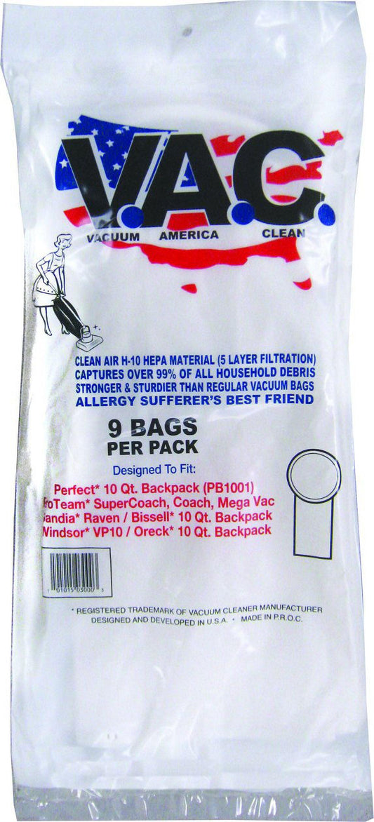 VAC Perfect 10 Qt. Backpack  ProTeam Super Coach HEPA 9 Pack