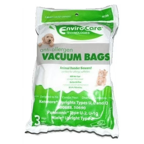 EnviroCare Technologies Anti-Allergen Vacuum Bags Kenmore Uprigjhts Types U, L, and O 3 Pack