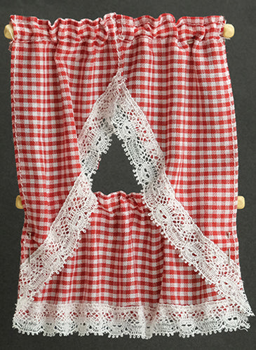Melody Jane Dolls House Red Gingham Kitchen Curtains & Valance on Rail Miniature